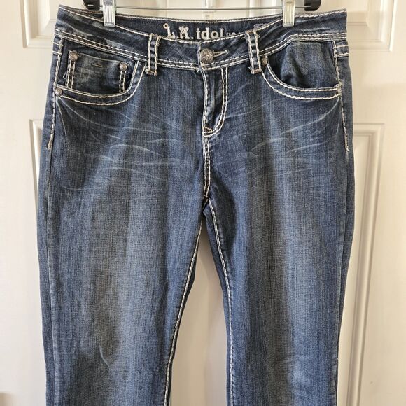 LA Idol Women Flare Jeans Bling Size 13 White Stitch Stretchy Distressed Y2K USA - Picture 3 of 9